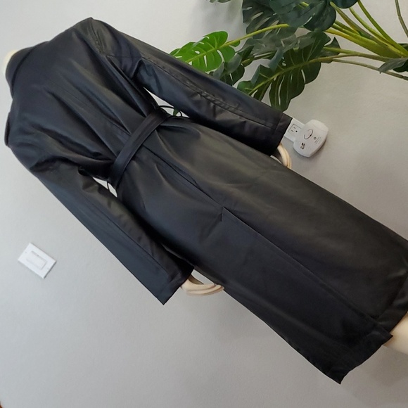 Black Faux Vegan Leather long belted Trench Coat S womens - Picture 12 of 13